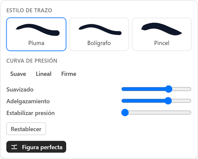 El panel del trazo, con pluma, bolígrafo y pincel, y los controles de presión y suavizado.